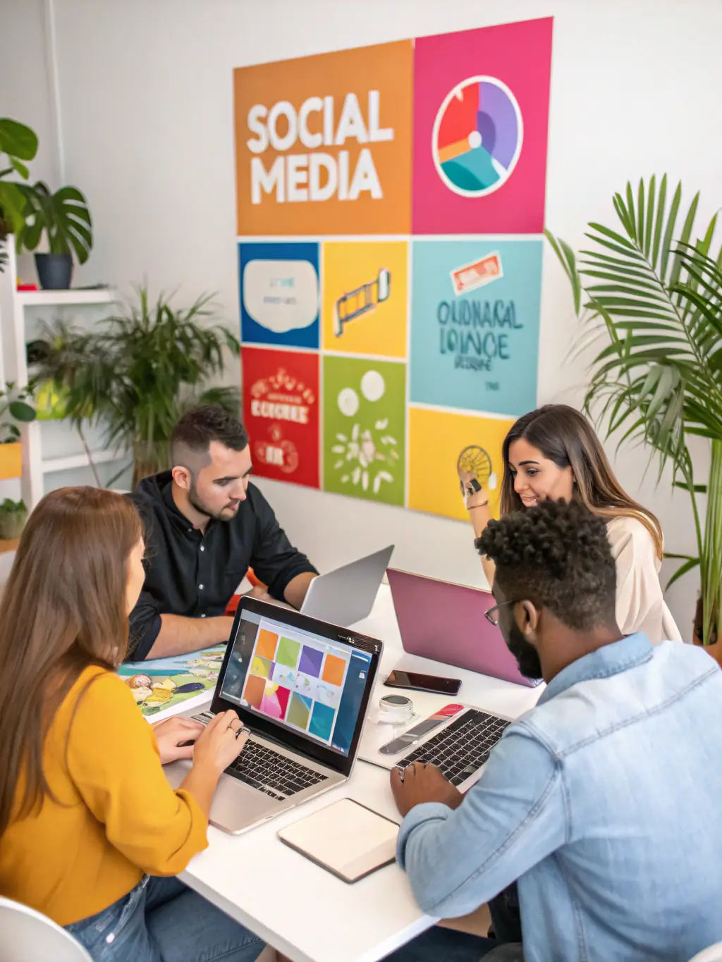 A creative team filming a video and designing social media graphics, producing engaging content for various platforms.