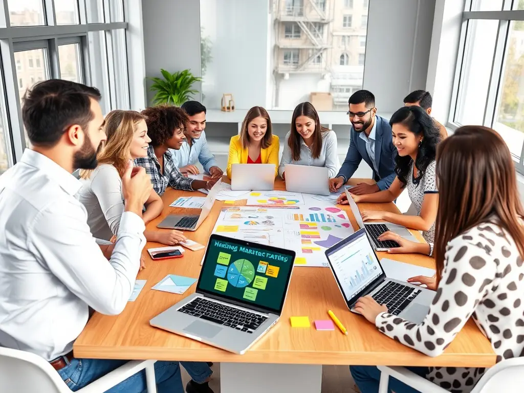 A vibrant image showcasing a team brainstorming innovative marketing strategies in a modern office setting, reflecting HaloFrush's collaborative and creative approach.
